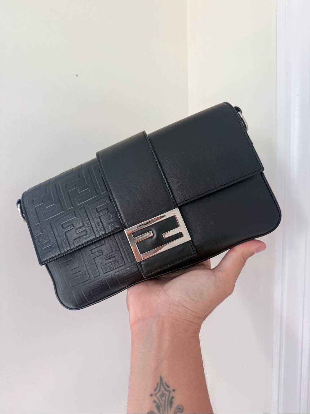 Fendi Black Embossed Leather Baguette Crossbody